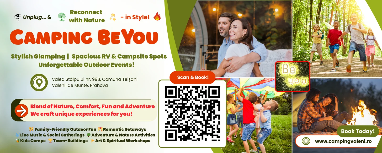 Banner prezentare camping be you — Private Events & Groups - Camping Be You Văleni